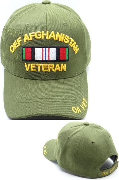 OEF Afghanistan Veteran Ribbon Shadow Mens Cap [Olive Green - Adjustable Size - Baseball Cap]