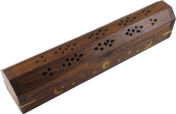 New Age Carved Coffin Brass Inlay Ash Catcher Incense Stick & Cone Holder [Brown - 12"]