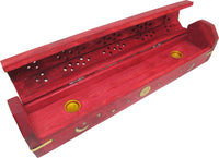 New Age Carved Coffin Brass Inlay Ash Catcher Incense Stick & Cone Holder [Red - 12"]