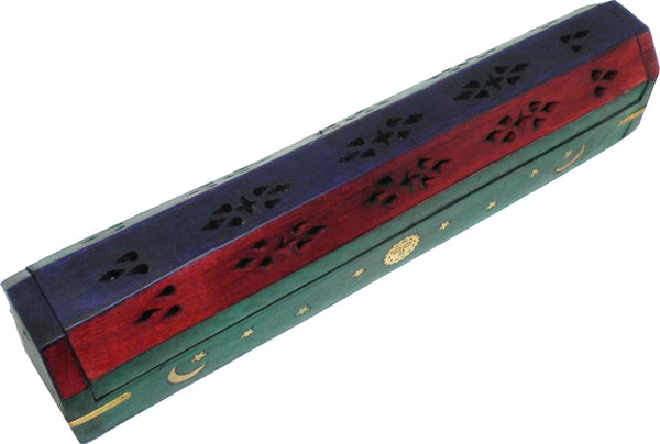 New Age Carved Coffin Brass Inlay Ash Catcher Incense Stick & Cone Holder [Multi-Colored - 12"]