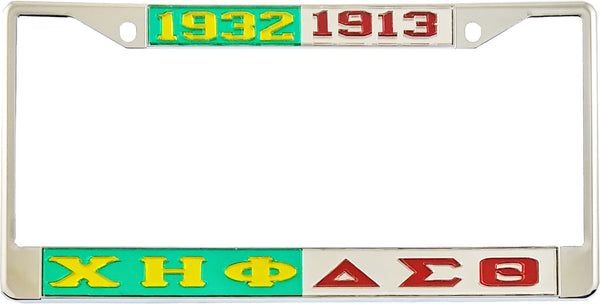 Chi Eta Phi + Delta Sigma Theta Split License Plate Frame [Green/Yellow/Silver/Red - Car or Truck - Silver Standard Frame]
