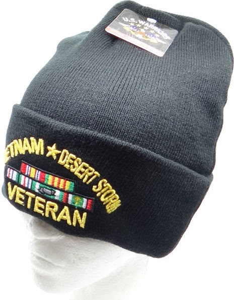 Vietnam + Desert Storm Veteran Mens Cuffed Beanie Cap [Black]