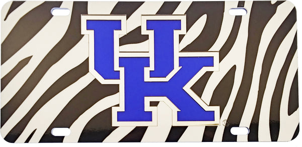 University of Kentucky Zebra Stripes Laser Cut Inlaid UK Logo Mirror Car Tag [Black/White - Car or Truck]
