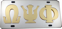 Omega Psi Phi Raised Letter Mirror License Plate [Silver/Gold]