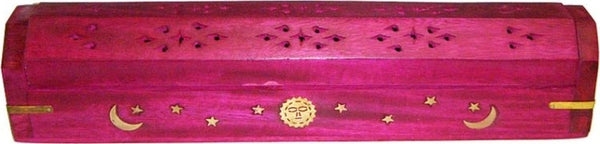 New Age Carved Coffin Celestial Brass Inlay Ash Catcher Incense Stick & Cone Holder [Pink]