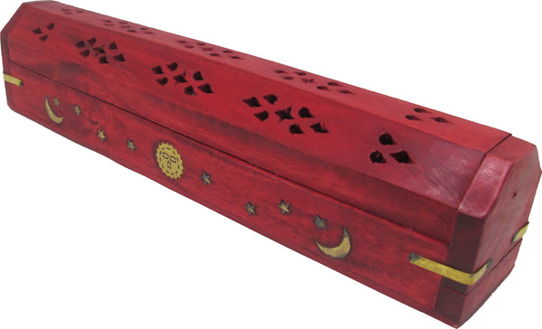 New Age Carved Coffin Celestial Brass Inlay Ash Catcher Incense Stick & Cone Holder [Red]