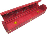 New Age Carved Coffin Celestial Brass Inlay Ash Catcher Incense Stick & Cone Holder [Red]