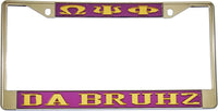Omega Psi Phi Da Bruhz License Plate Frame [Silver Standard Frame - Purple/Gold]