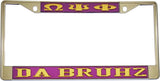 Omega Psi Phi Da Bruhz License Plate Frame [Silver Standard Frame - Purple/Gold]