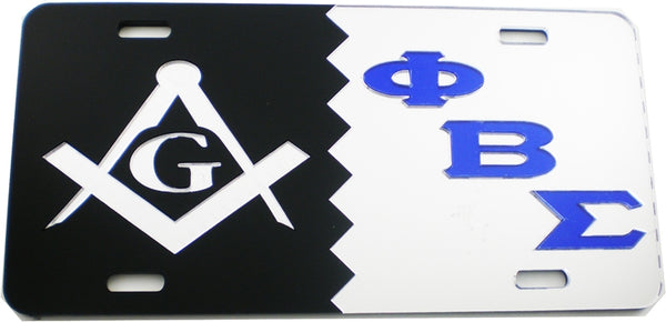 Mason + Phi Beta Sigma Split Mirror License Plate [Black/Silver/Silver/Blue]