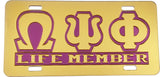 Omega Psi Phi Life Member Insert Mirror License Plate [Gold/Gold/Purple]