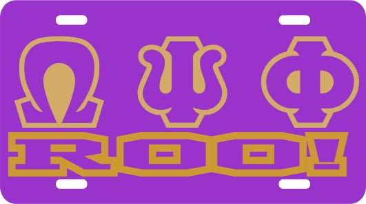 Omega Psi Phi Roo! Insert Outline Mirror License Plate [Purple/Purple/Gold]