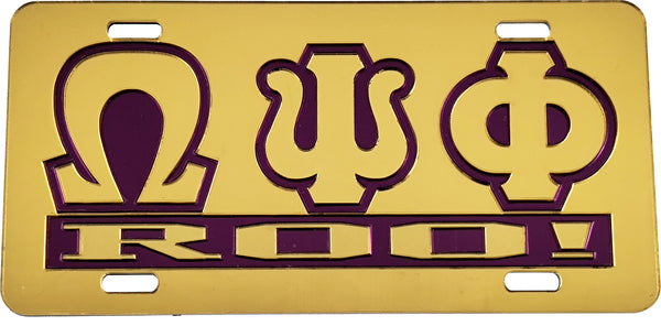 Omega Psi Phi Roo! Insert Outline Mirror License Plate [Gold/Gold/Purple]