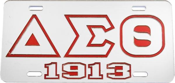 Delta Sigma Theta 1913 Outline Mirror License Plate [Silver/Silver/Red]