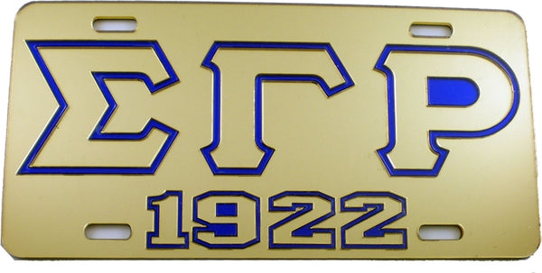 Sigma Gamma Rho 1922 Outline Mirror License Plate [Gold/Gold/Blue]
