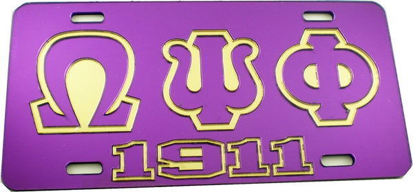 Omega Psi Phi 1911 Outline Mirror License Plate [Purple/Purple/Gold]