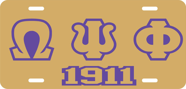 Omega Psi Phi 1911 Outline Mirror License Plate [Gold/Gold/Purple]
