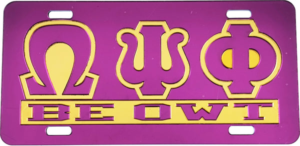 Omega Psi Phi Be Owt Insert Outline Mirror License Plate [Purple/Purple/Gold]