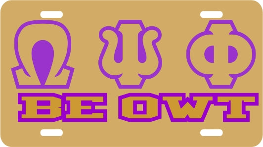 Omega Psi Phi Be Owt Insert Outline Mirror License Plate [Gold/Gold/Purple]