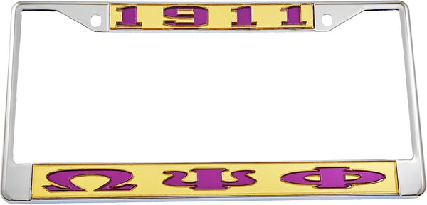 Omega Psi Phi 1911 Big Letter License Plate Frame [Silver Standard Frame - Gold/Purple]