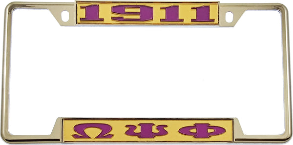 Omega Psi Phi 1911 Big Letter License Plate Frame [Decal Visible Frame - Gold/Purple]