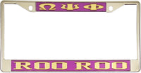 Omega Psi Phi Roo Roo License Plate Frame [Silver Standard Frame - Purple/Gold]