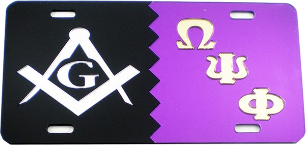 Mason + Omega Psi Phi Split Mirror License Plate [Black/Silver/Purple/Gold]