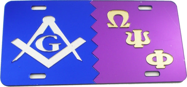 Mason + Omega Psi Phi Split Mirror License Plate [Blue/Silver/Purple/Gold]