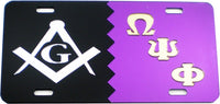 Mason + Omega Psi Phi Split Mirror License Plate [Black/Silver/Purple/Gold - Car or Truck]