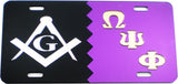 Mason + Omega Psi Phi Split Mirror License Plate [Black/Silver/Purple/Gold - Car or Truck]