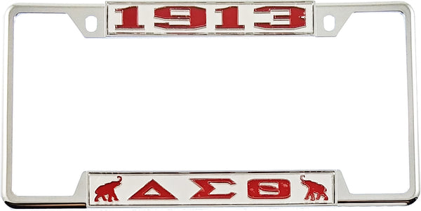 Delta Sigma Theta 1913 Elephants License Plate Frame [Decal Visible Frame - Silver/Red]