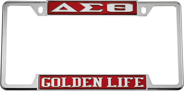 Delta Sigma Theta Golden Life License Plate Frame [Decal Visible Frame - Red/Silver]