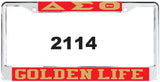 Delta Sigma Theta Golden Life License Plate Frame [Silver Standard Frame - Red/Gold]