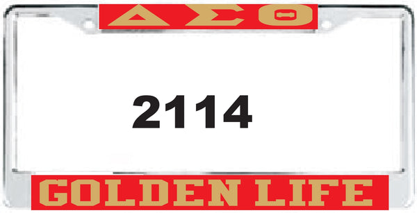 Delta Sigma Theta Golden Life License Plate Frame [Silver Standard Frame - Red/Gold]