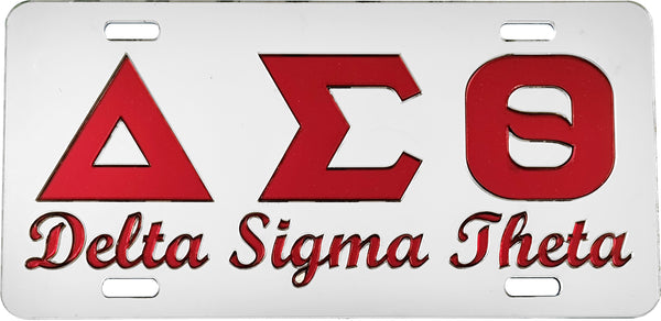 Delta Sigma Theta Script Mirror License Plate [Silver/Red]