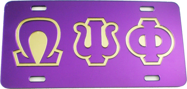 Omega Psi Phi Outline Mirror License Plate [Purple/Purple/Gold]