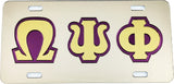 Omega Psi Phi Outline Mirror License Plate [Silver/Gold/Purple]