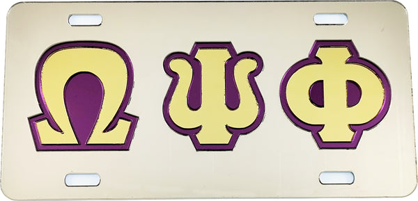 Omega Psi Phi Outline Mirror License Plate [Silver/Gold/Purple]