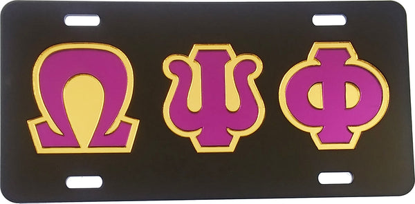 Omega Psi Phi Outline Mirror License Plate [Black/Purple/Gold]