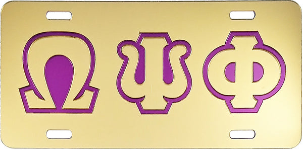 Omega Psi Phi Outline Mirror License Plate [Gold/Gold/Purple]