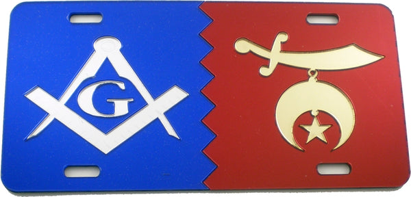 Mason + Shriner Split Mirror License Plate [Blue/Silver/Red/Gold]