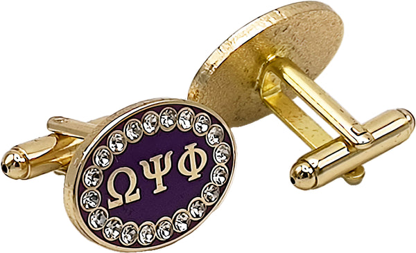 Omega Psi Phi Crystal Stones Oval Cuff Links [Clear]