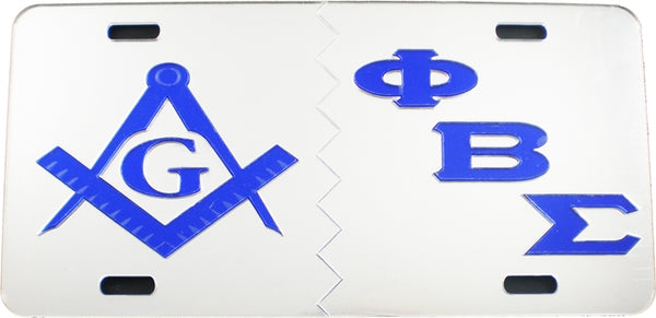 Mason + Phi Beta Sigma Split Mirror License Plate [Silver/Blue/Silver/Blue - Car or Truck]
