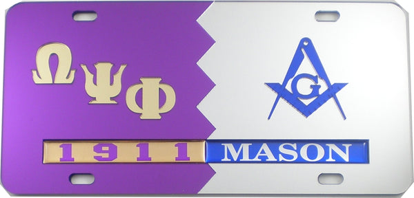 Omega Psi Phi + Mason Split Founder Year License Plate [Purple/Silver]
