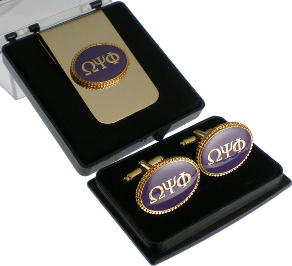 Omega Psi Phi Oval Medallion Cuff Links & Money Clip Set [Gold]