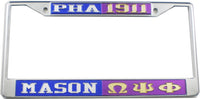 Mason PHA + Omega Psi Phi Split License Plate Frame [Blue/Silver/Purple/Gold - Car or Truck - Decal Visible Frame]