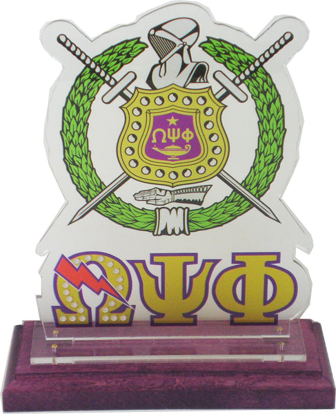 Omega Psi Phi Acrylic Desktop Crest With Wooden Base [Purple]