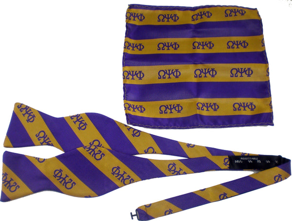 Omega Psi Phi Striped Mens Bow Tie & Handkerchief Set [Purple/Gold]
