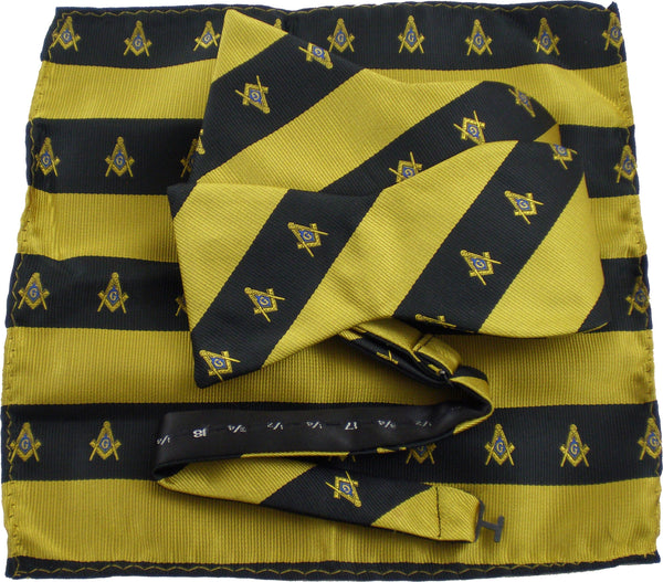 Mason Striped Mens Bow Tie & Handkerchief Set [Black/Gold]
