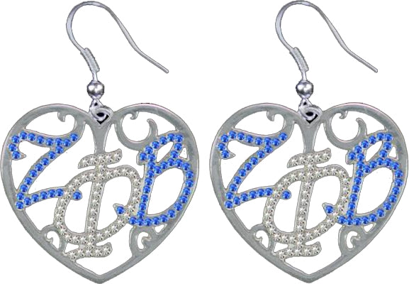 Zeta Phi Beta Crystal Filigree Heart Earrings [Blue/Silver]